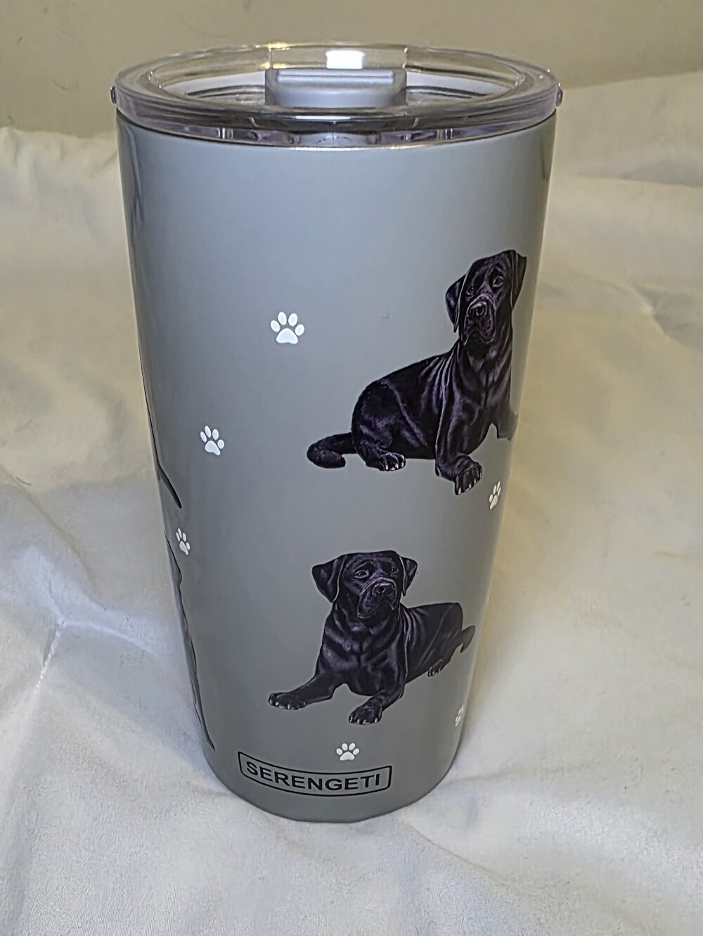 Serengeti Light Gray Coffee Tumbler with Black Lab Dog Motif